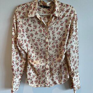 Floral Satin Button-Down with Ruched Waist Size XS
